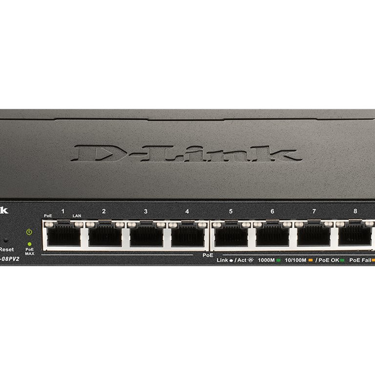 D-Link | 8 portu Gigabit PoE viedais pārvaldāms slēdzis | DGS-1100-08PV2 | Web pārvaldāms | Desktop | Barošanas avots: ārējs