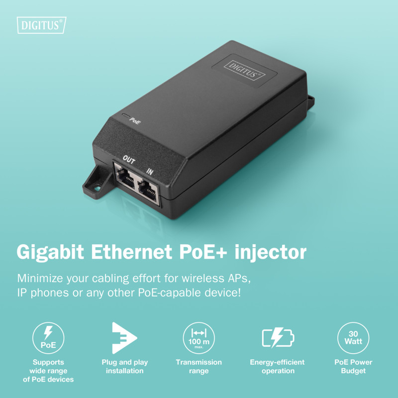 Digitus Gigabit Ethernet PoE+ injektors, 802.3at, 30 W | DN-95103-3