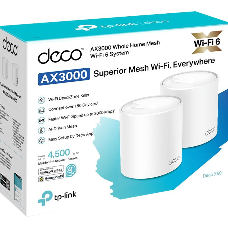 TP-LINK | Whole Home Mesh Wi‑Fi 6 System | Deco X50 (2-pack) | 802.11ax | 574+2402 Mbit/s | Ethernet LAN (RJ-45) porti 3 | Mesh atbalsts Jā | MU‑MIMO Jā | Bez mobilo datu savienojuma | Antenas tips Iekšējā