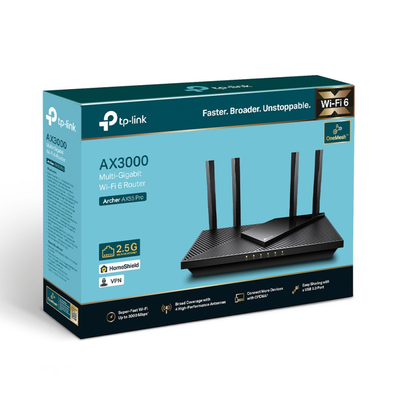 TP-LINK | AX3000 Divu joslu Gigabit Wi-Fi 6 maršrutētājs | Archer AX55 Pro | 802.11ax | 574+2402 Mbit/s | 10/100/1000 Mbit/s | Ethernet LAN (RJ-45) porti 3 | Mesh atbalsts Jā | MU-MIMO Jā | Bez mobilā platjoslas | Antenas tips Ārējā