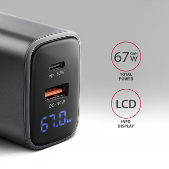 AXAGON sienas lādētājs 67W, USB-A + USB-C, PD3.0/PPS/QC4+/SF | ACU-PQ67D