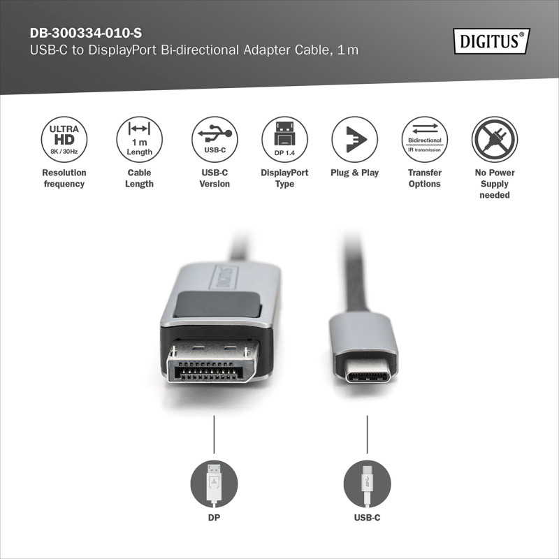 Digitus | Divvirzienu adaptera kabelis | DB-300334-010-S | USB-C uz DisplayPort