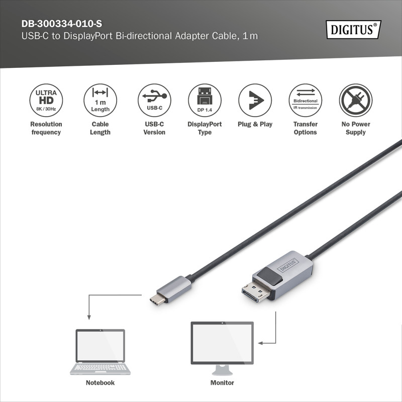 Digitus | Divvirzienu adaptera kabelis | DB-300334-010-S | USB-C uz DisplayPort