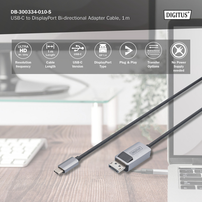 Digitus | Divvirzienu adaptera kabelis | DB-300334-010-S | USB-C uz DisplayPort