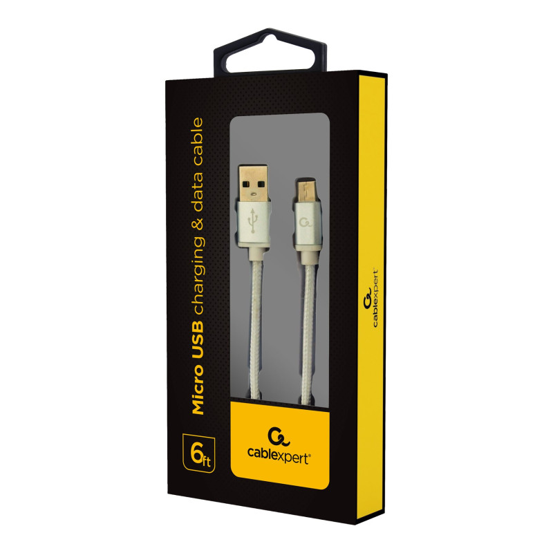 Cablexpert kokvilnas pinuma Micro-USB kabelis ar metāla spraudņiem, 1.8 m, sudraba krāsa, blisteris | Cablexpert