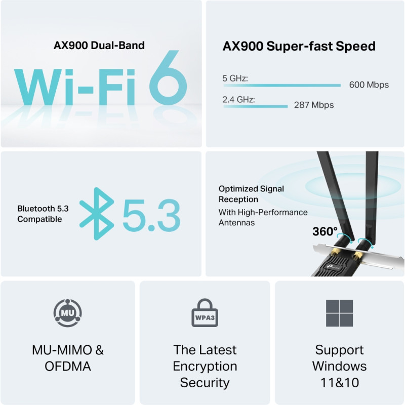 TP-LINK AX900 Wi-Fi 6 Bluetooth PCIe adapteris | Archer TX10E | 802.11ax | MU-MIMO Jā | bez PoE | Antenas tips Divas augstas pastiprināšanas divjoslu antenas