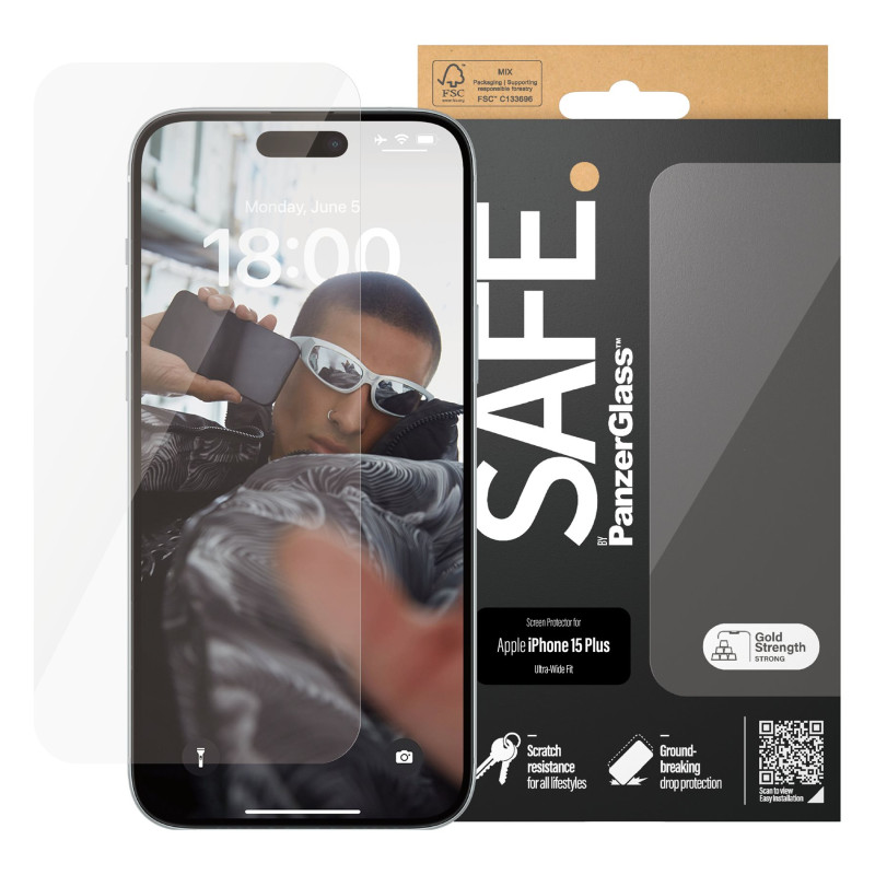 PanzerGlass | SAFE | Screen protector | Apple | iPhone 15 PLUS | Glass | Clear | Ultra-Wide Fit