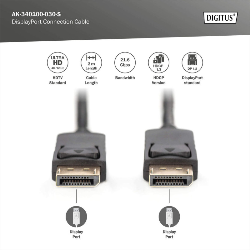 Digitus savienojuma kabelis | DisplayPort uz DisplayPort | 3 m