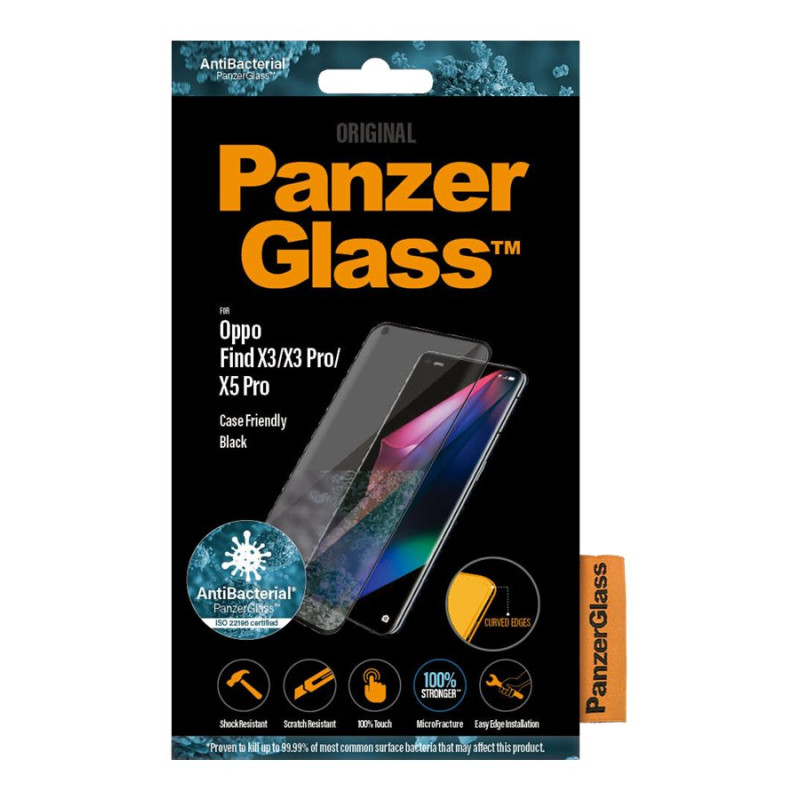 PanzerGlass | Ekrāna aizsargstikls | OPPO | Find X3/ X3 Pro/ X5 Pro | Stikls | Melna | Antibakteriāls stikls; Aizsargā visu ekrānu; 100% skāriena funkcionalitāte; Triecienu absorbējošs