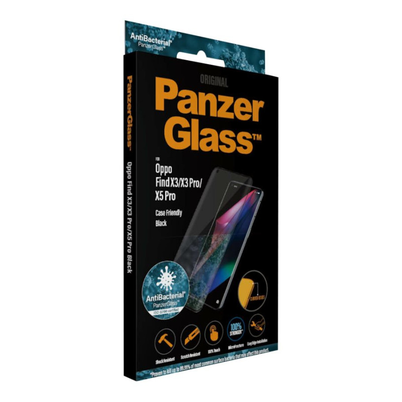 PanzerGlass | Ekrāna aizsargstikls | OPPO | Find X3/ X3 Pro/ X5 Pro | Stikls | Melna | Antibakteriāls stikls; Aizsargā visu ekrānu; 100% skāriena funkcionalitāte; Triecienu absorbējošs