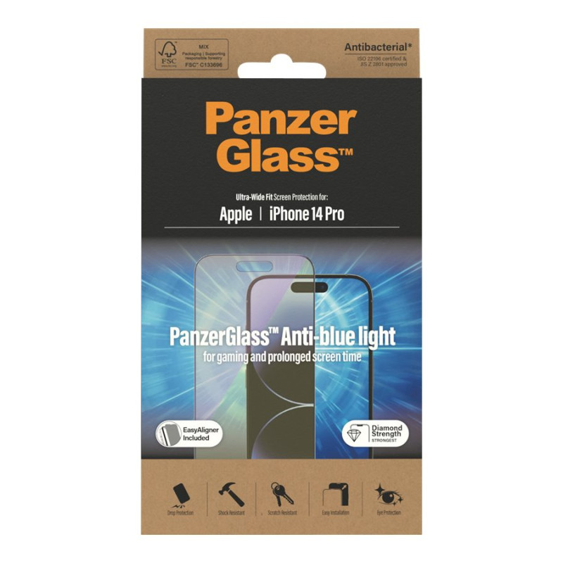 PanzerGlass | Ekrāna aizsargstikls | Apple | iPhone 14 Pro | Stikls | Melns | Ultra-Wide Fit; Skrāpējumiem izturīgs; Triecienizturīgs; Viegla uzstādīšana; Pret zilās gaismas; Aizsargā acu veselību; Dimanta cietība; Pretmikrobiāls; Pirkstu nospiedumu izturīgs | Pret zilās gaismas