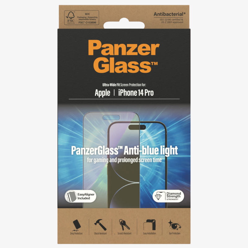 PanzerGlass | Ekrāna aizsargstikls | Apple | iPhone 14 Pro | Stikls | Melns | Ultra-Wide Fit; Skrāpējumiem izturīgs; Triecienizturīgs; Viegla uzstādīšana; Pret zilās gaismas; Aizsargā acu veselību; Dimanta cietība; Pretmikrobiāls; Pirkstu nospiedumu izturīgs | Pret zilās gaismas