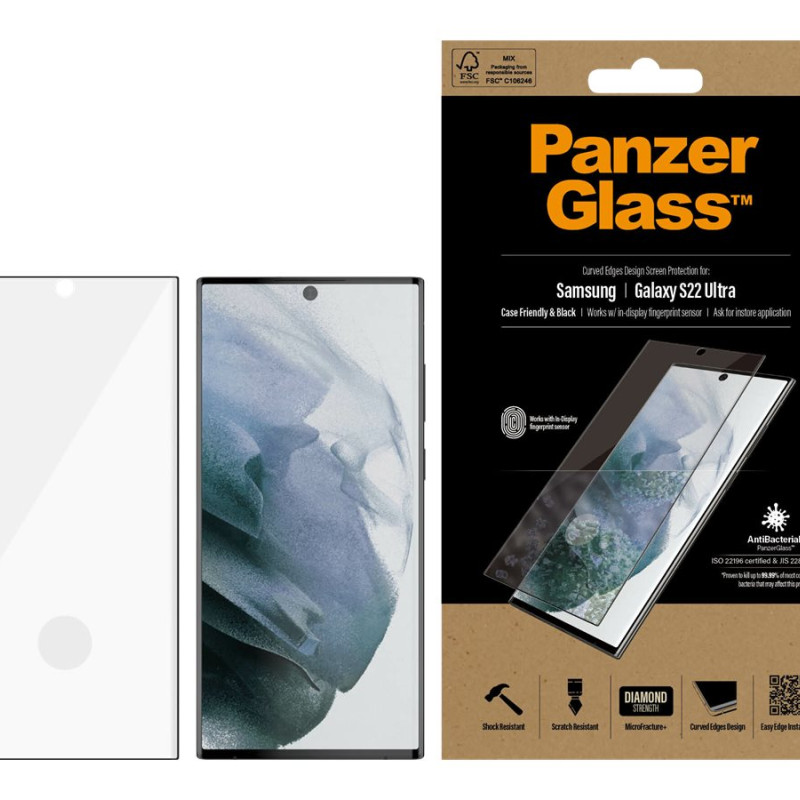 PanzerGlass | Samsung | Galaxy S22 Ultra | Tempered glass | Black | Case friendly. Compatible with ultrasonic fingerprint sensor. 100 % touch sensitivity. Antibacterial (ISO 22196 certified & JIS 22810 approved) | Screen Protector