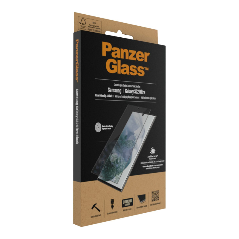 PanzerGlass | Samsung | Galaxy S22 Ultra | Tempered glass | Black | Case friendly. Compatible with ultrasonic fingerprint sensor. 100 % touch sensitivity. Antibacterial (ISO 22196 certified & JIS 22810 approved) | Screen Protector