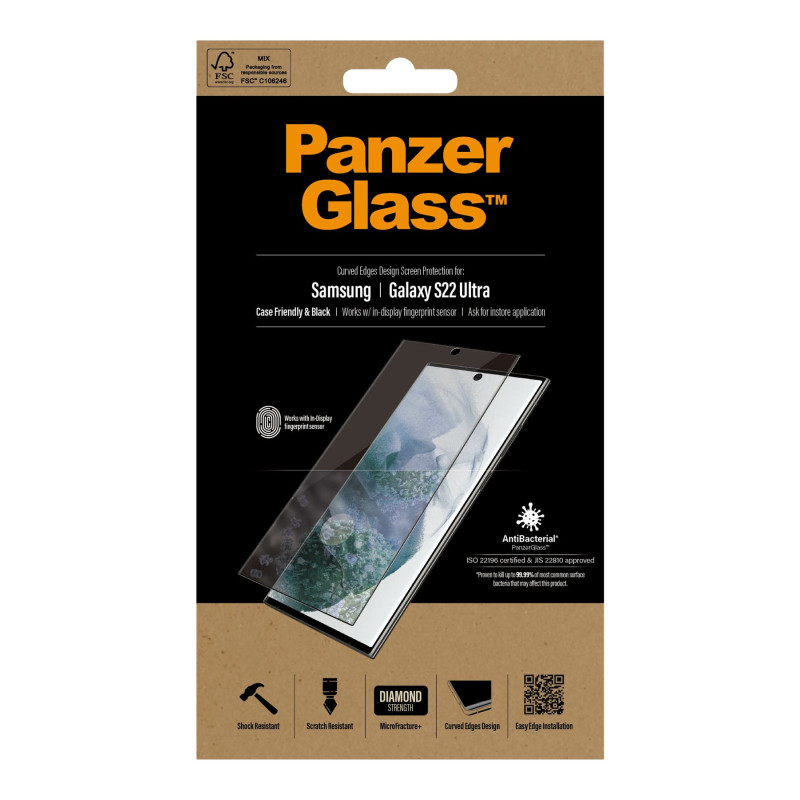 PanzerGlass | Samsung | Galaxy S22 Ultra | Tempered glass | Black | Case friendly. Compatible with ultrasonic fingerprint sensor. 100 % touch sensitivity. Antibacterial (ISO 22196 certified & JIS 22810 approved) | Screen Protector