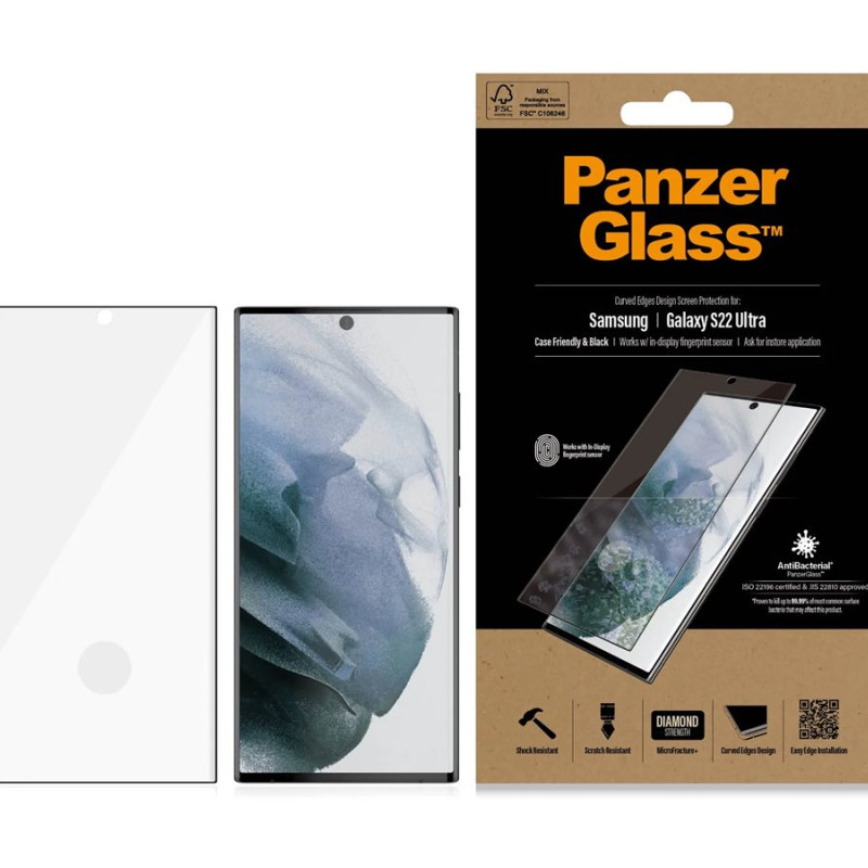 PanzerGlass | Samsung | Galaxy S22 Ultra | Tempered glass | Black | Case friendly. Compatible with ultrasonic fingerprint sensor. 100 % touch sensitivity. Antibacterial (ISO 22196 certified & JIS 22810 approved) | Screen Protector