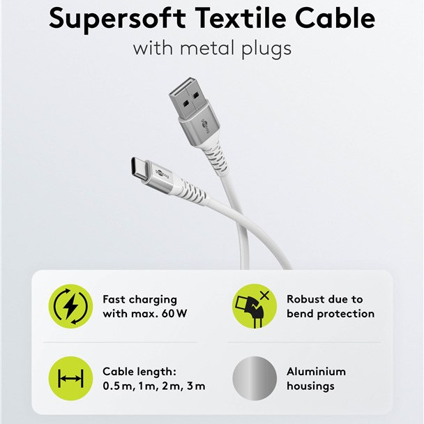 Goobay | USB-C uz USB-A supersoft tekstila kabelis ar metāla spraudņiem | 74530