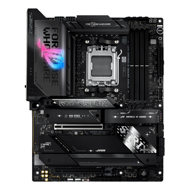 Asus ROG STRIX X870E-E GAMING WIFI | Procesoru saime AMD | Procesora ligzda AM5 | DDR5 | Atbalstītie cietā diska interfeisi SATA, M.2 | SATA savienotāju skaits 4