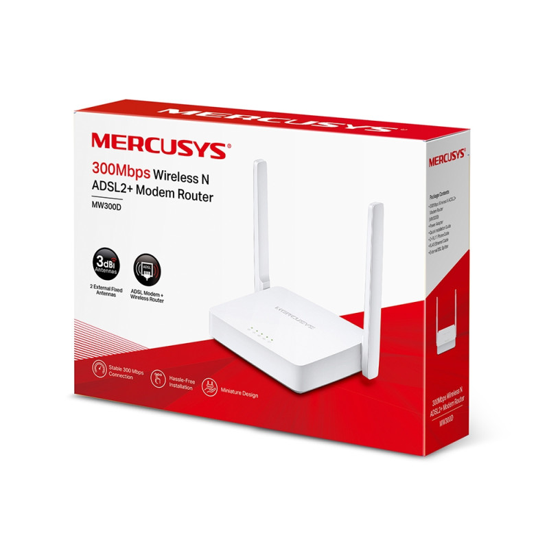 Mercusys | Wireless N ADSL2+ modemu maršrutētājs | MW300D | 802.11n | 300 Mbit/s | 10/100 Mbit/s | Ethernet LAN (RJ-45) porti 3 | Mesh atbalsts Nē | MU-MIMO Nē | Nav mobila platjosla | Antenas tips 2×ārējā