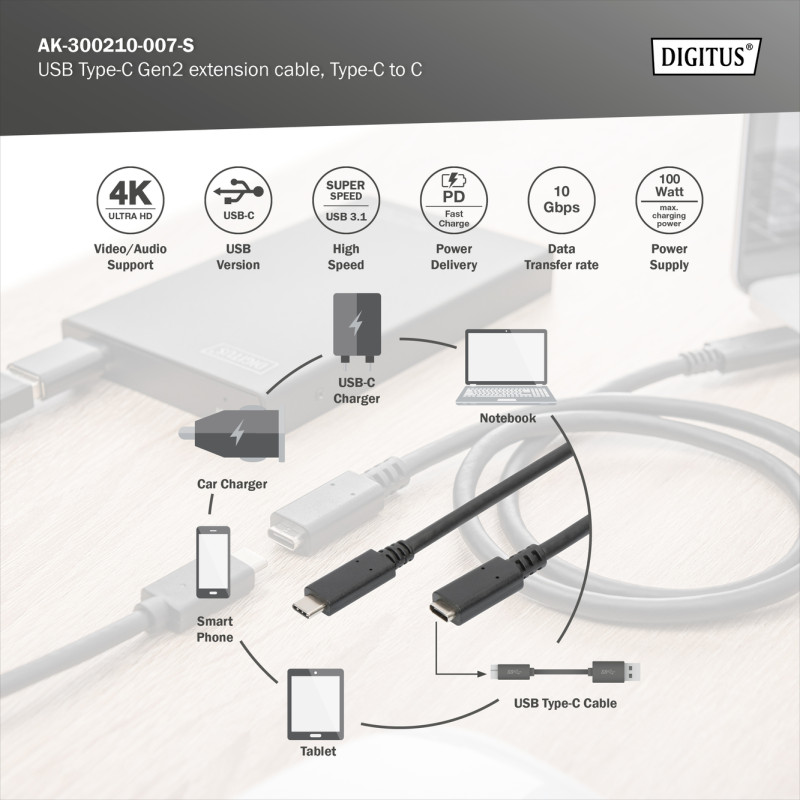 Digitus | USB Type-C Gen2 pagarinājuma kabelis, Type-C uz C | AK-300210-007-S