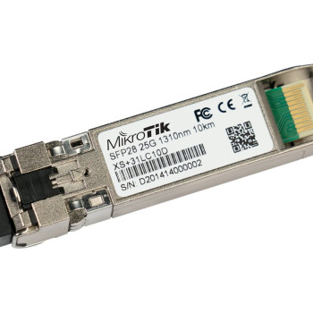 MikroTik SFP/SFP+/SFP28 modulis 1/10/25G SM 10km 1310nm | XS+31LC10D | SFP/SFP+/SFP28 | SMF | Dual LC UPC | 1024/10240/25600 Mbit/s | Viļņa garums 1310 nm | Maksimālais pārsūtīšanas attālums 10000 m | -40 līdz 70
