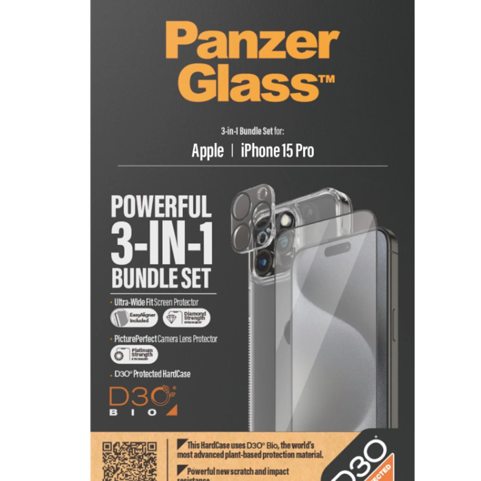 PanzerGlass | Panzerglass 3-in-1 Pack | iPhone | iPhone 15 Pro | Clear | PicturePerfect kameras lēcas aizsargs, bezvadu uzlādei saderīgs HardCase un Ultra-Wide Fit ekrāna aizsargs