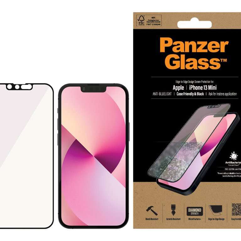 PanzerGlass | Ekrāna aizsargs | Apple | iPhone 13 Mini | Stikls | Melns | Pretzila gaisma; Antibakteriāls stikls; Aizsargā visu ekrānu; Kristāldzidrs; 100% skārienjūtīgs; Izturīgs pret skrāpējumiem; Maigs acīm; Triecienabsorbcija | Draudzīgs korpusam