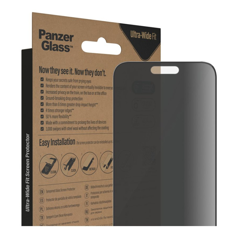 PanzerGlass | Ekrāna aizsargs | Apple | iPhone 14 Pro Max | Temperēts stikls | Melns | Ultra-Wide Fit; Diamond strength; Pirkstu nospiedumu izturīgs, Privātuma filtrs