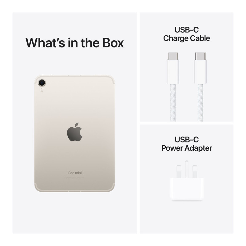 Apple | iPad mini Wi-Fi + Cellular | 8.3 " | Starlight | IPS | 2266 x 1488 pixels | Apple A17 Pro | 512 GB | 3G | 4G | 5G | Wi-Fi | Front camera | 12 MP | Rear camera | 12 MP | Bluetooth | 5.3 | iPadOS | USB-C charging cable