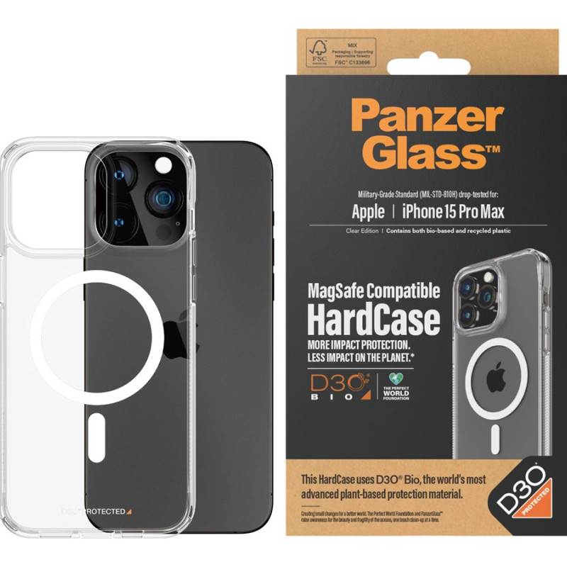 PanzerGlass Aizmugures vāks | Apple | iPhone 15 Pro Max | Termoplastiskais poliuretāns (TPU), D3O Bio | Caurspīdīgs | MagSafe