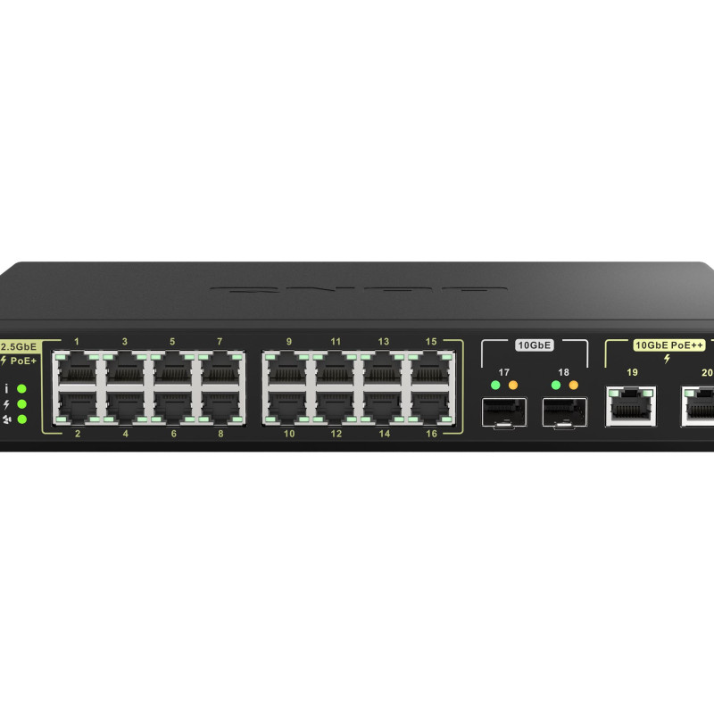 QNAP | 16 ports 2.5GbE RJ45 with PoE 802.3at (30W), 2 ports 10GbE SFP+, 2 ports 10GbE RJ45 with PoE 802.3bt (90W) | QSW-M2116P-2T2S | Web managed | Rackmountable | Power supply type Internal