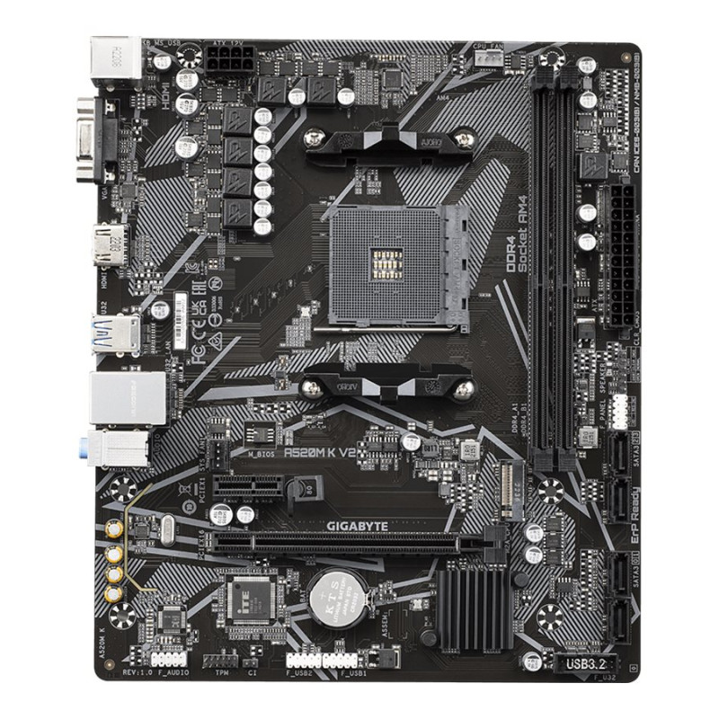 Gigabyte | A520M K V2 1.0 M/B | Procesoru saime AMD | Procesora ligzda AM4 | DDR4 DIMM | Atmiņas sloti 2 | Atbalstītie cietā diska interfeisi SATA, M.2 | SATA savienotāji 4 | Čipsets AMD A520 | Micro ATX