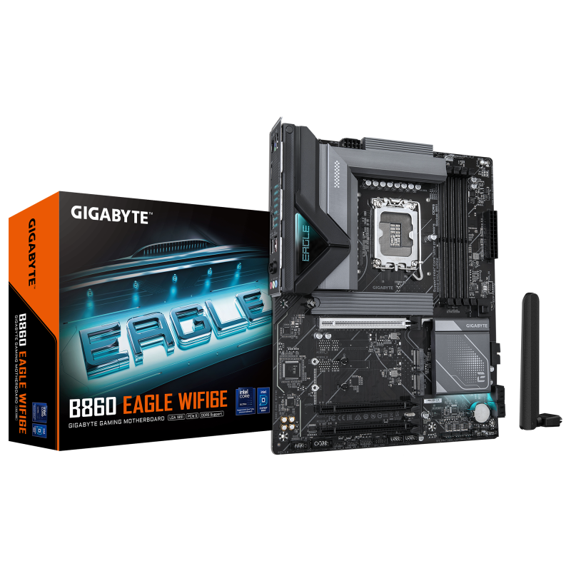 Gigabyte B860 EAGLE WIFI6E | Procesoru saime Intel | Procesora ligzda LGA1851 | DDR5 | Atbalstītie cietā diska interfeisi SATA, M.2 | SATA savienotāju skaits 4