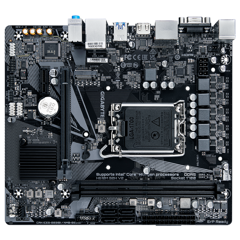 Gigabyte | H610M S2H V2 1.0 | Processor family Intel | Processor socket LGA1700 | DDR5 DIMM | Supported hard disk drive interfaces M.2, SATA | Number of SATA connectors 4