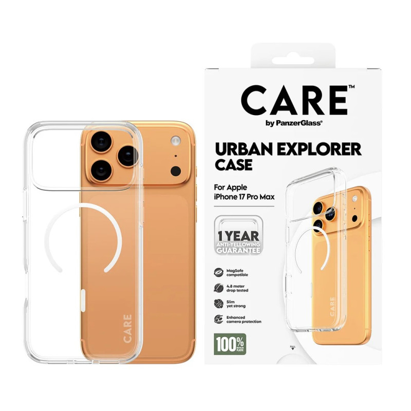PanzerGlass Flagship Case | Aizmugures vāks | Apple | iPhone 17 Pro Max | Pārstrādāta plastmasa | Caurspīdīgs | Urban Explorer ar balto MagSafe
