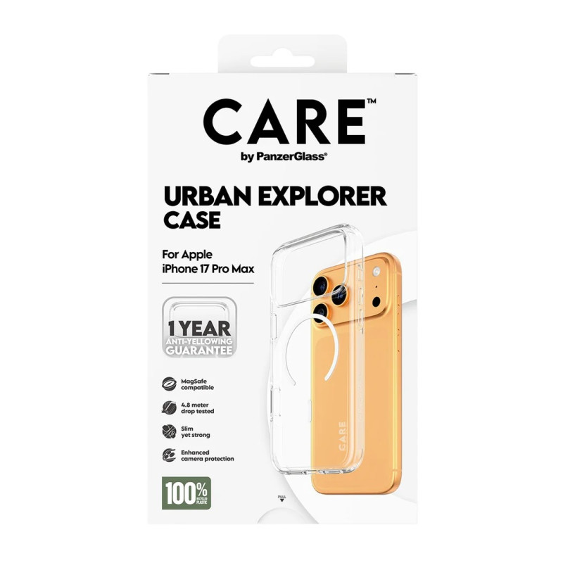PanzerGlass Flagship Case | Aizmugures vāks | Apple | iPhone 17 Pro Max | Pārstrādāta plastmasa | Caurspīdīgs | Urban Explorer ar balto MagSafe