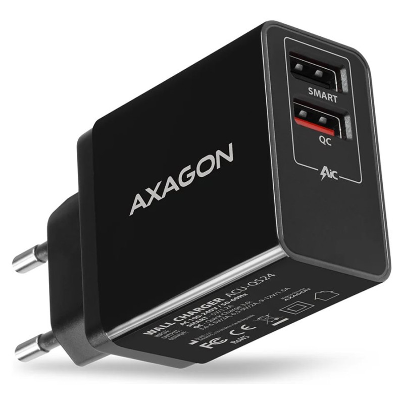 AXAGON Dual sienas lādētājs 240V/2x USB ports QC3.0/AFC/FCP un 5V-1.2A, 24W | ACU-QS24