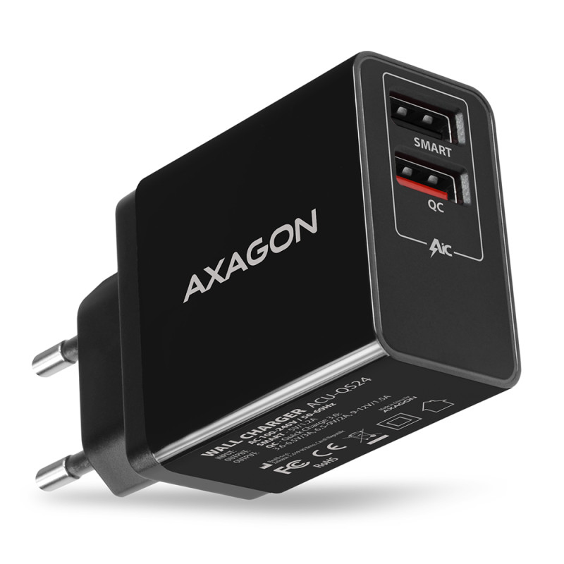 AXAGON Dual sienas lādētājs 240V/2x USB ports QC3.0/AFC/FCP un 5V-1.2A, 24W | ACU-QS24