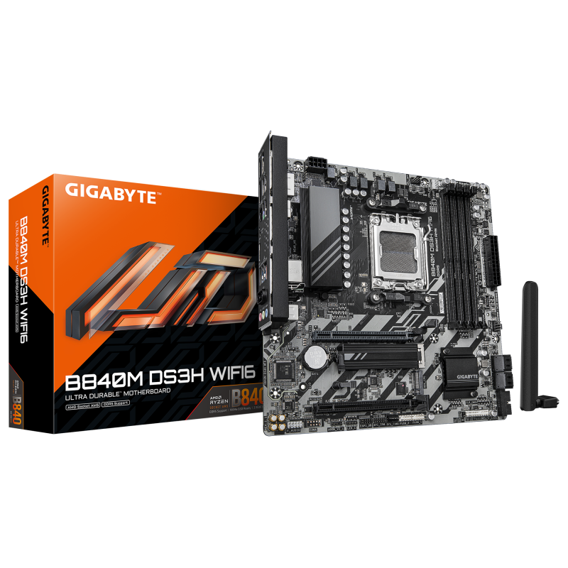 Gigabyte B840M DS3H WIFI6 (rev. 1.1) | Processor family AMD | Processor socket AM5 | DDR5 | Supported hard disk drive interfaces SATA, M.2 | Number of SATA connectors 4