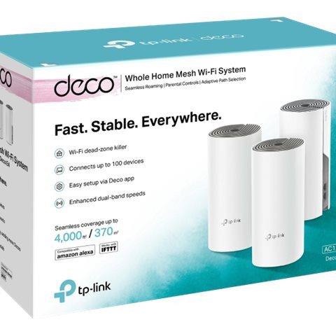 TP-LINK | Whole Home Mesh Wi-Fi System | Deco E4 (3-pack) | 802.11ac | 867+300 Mbit/s | 10/100 Mbit/s | Ethernet LAN (RJ-45) porti 2 | Mesh atbalsts Jā | MU-MIMO Nē | Nav mobila platjosla | Antenas tips 2xIekšējā