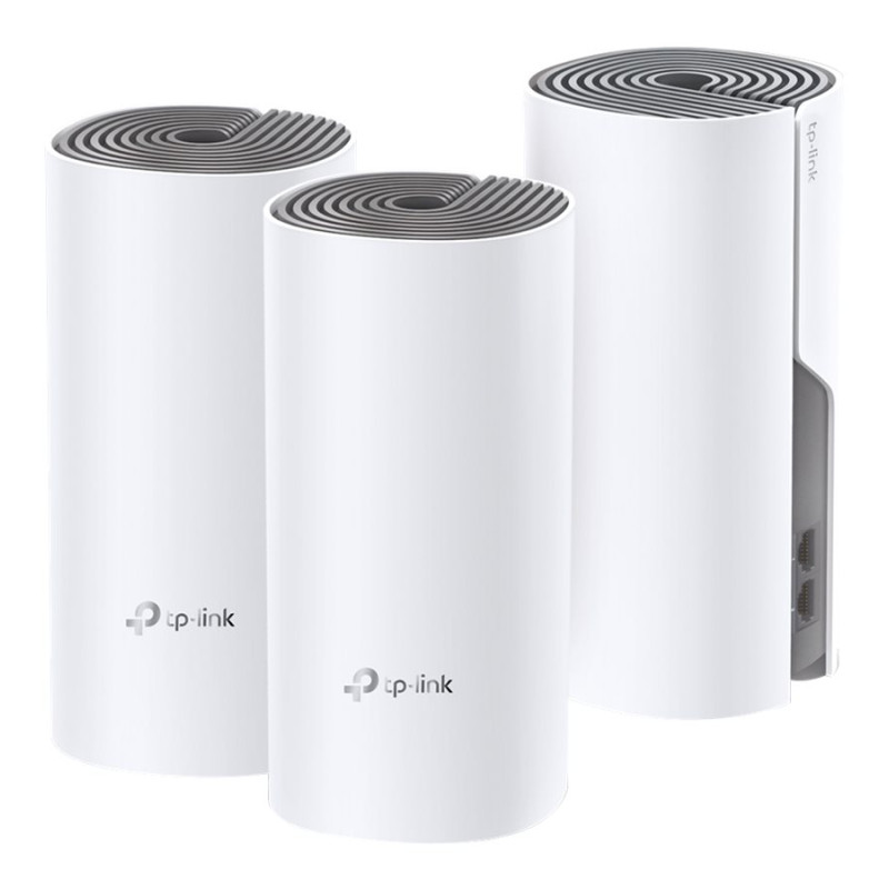 TP-LINK | Whole Home Mesh Wi-Fi System | Deco E4 (3-pack) | 802.11ac | 867+300 Mbit/s | 10/100 Mbit/s | Ethernet LAN (RJ-45) porti 2 | Mesh atbalsts Jā | MU-MIMO Nē | Nav mobila platjosla | Antenas tips 2xIekšējā
