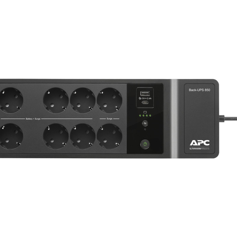 APC Back-UPS 850VA, 230V, USB Type-C un USB Type-A uzlādes porti, 8 Schuko CEE 7 ligzdas (2 ar pārsprieguma aizsardzību) | Schneider Electric