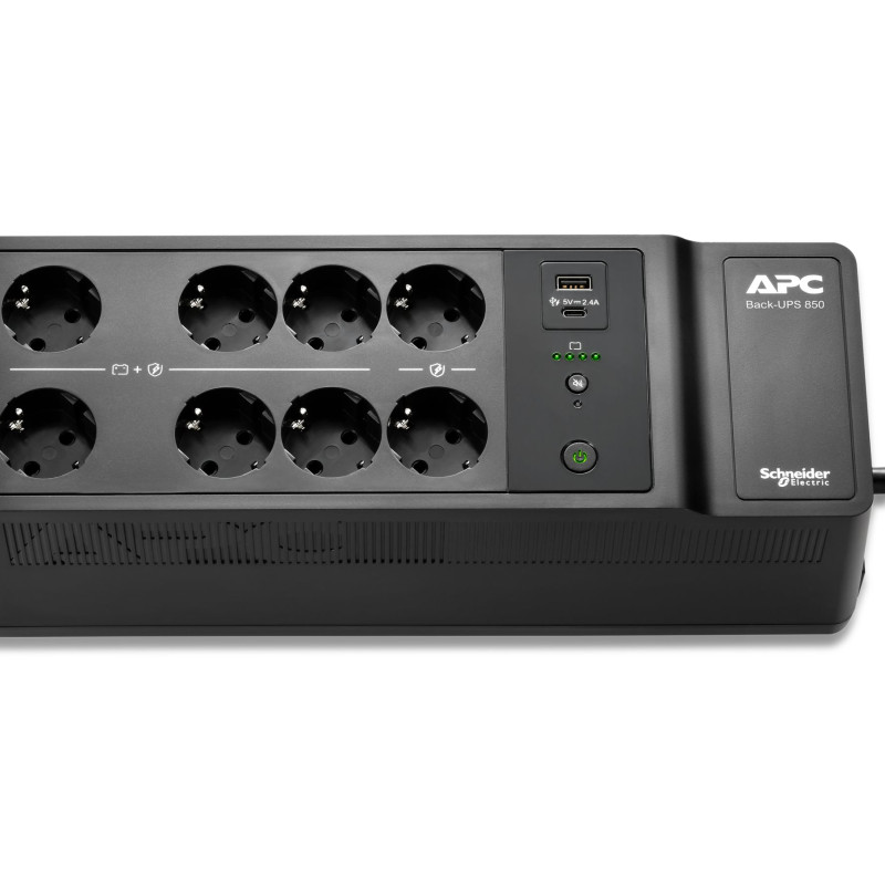 APC Back-UPS 850VA, 230V, USB Type-C un USB Type-A uzlādes porti, 8 Schuko CEE 7 ligzdas (2 ar pārsprieguma aizsardzību) | Schneider Electric