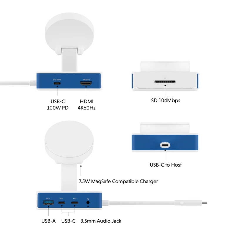 Hyper HyperDrive Flex MagCharge USB-C centrmezgls, balts/zils | HD8100BUGL | HDMI portu skaits 1