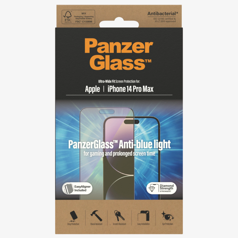 PanzerGlass | Screen protector | Apple | iPhone 14 Pro Max | Glass | Black | Ultra-Wide Fit; Scratch resistant; Shock resistant; Easy installation; Anti-blue light; Eye protection; Diamond strength; Antibacterial; Fingerprint resistant | Anti-blue Light