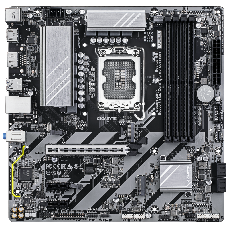 Gigabyte B860M D3HP | Procesoru ģimene Intel | Procesora ligzda LGA1851 | DDR5 | Atbalstītie cietā diska interfeisi M.2, SATA | SATA savienotāju skaits 4