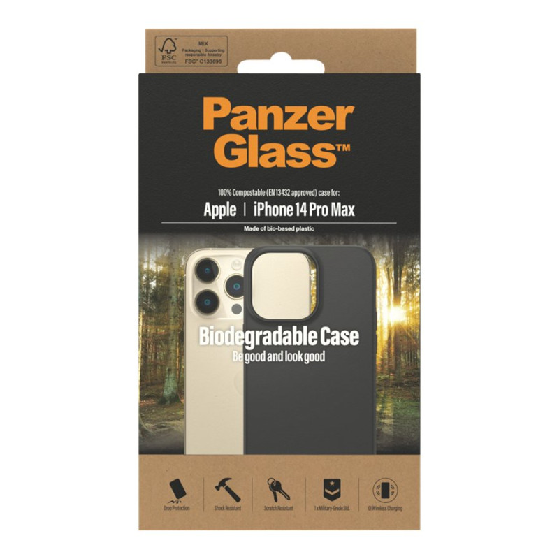PanzerGlass | Bioloģiski noārdāma vāciņa | Aizsardzība aizmugurei | Apple | iPhone 14 Pro Max | Bioloģiskas izcelsmes plastmasa | Melns | Savietojams ar bezvadu uzlādi; Militārā standarta; 100% kompostējams