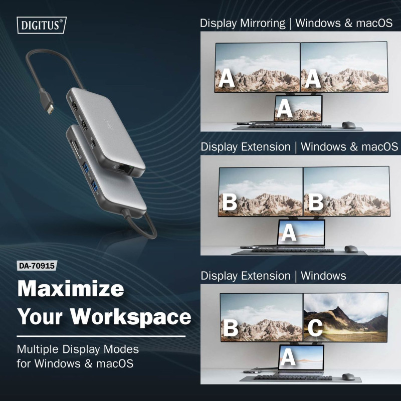 Digitus USB-C dokstacija, 8 porta | DA-70915 | Ethernet LAN (RJ-45) porti 1 | HDMI portu skaits 2