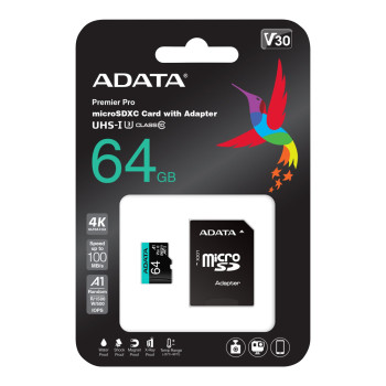 ADATA | Premier Pro UHS-I U3 V30S | 64 GB | MicroSDXC | Flash atmiņas klase 10 | Adapteris