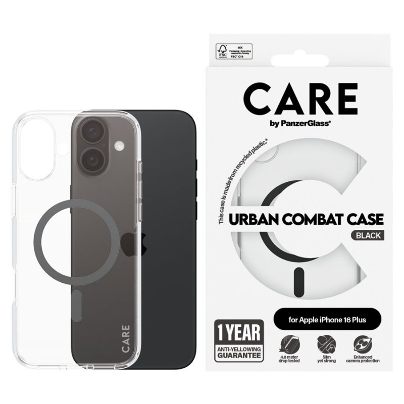CARE by PanzerGlass Case Flagship | Aizmugures aizsardzība | Apple | iPhone 16 Plus | Pārstrādāta plastmasa | Caurspīdīgs/Melnā | MagSafe